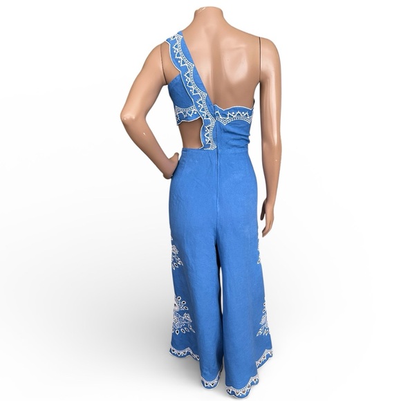 FARM Rio Anthropologie One Shoulder Cut Out Embroidered Linen Jumpsuit Blue M - Picture 9 of 11